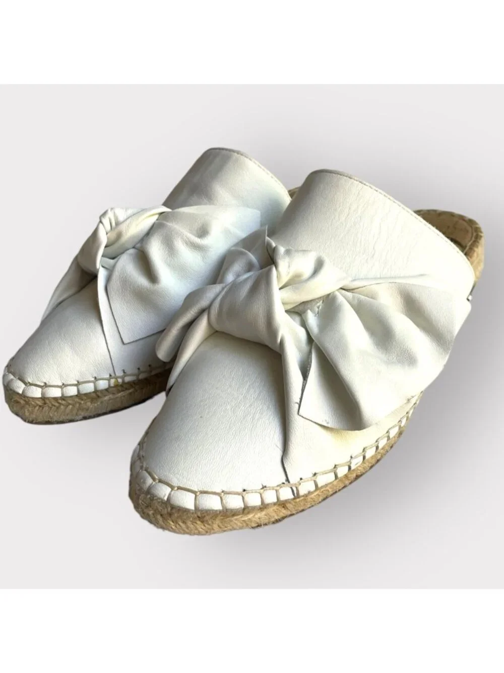 Sam Edelman Size 7.5 White Lynda Leather Bow Espadrille Slide Sandals Mule Shoes